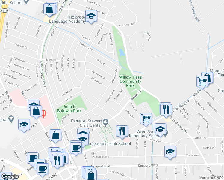 map of restaurants, bars, coffee shops, grocery stores, and more near 3149 Hacienda Drive in Concord