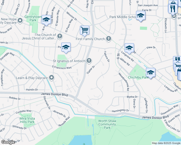 map of restaurants, bars, coffee shops, grocery stores, and more near 1033 Gatter Drive in Antioch