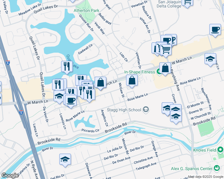 map of restaurants, bars, coffee shops, grocery stores, and more near 2027 Grand Canal Boulevard in Stockton