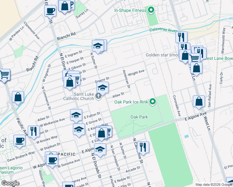 map of restaurants, bars, coffee shops, grocery stores, and more near 457 Atlee Street in Stockton