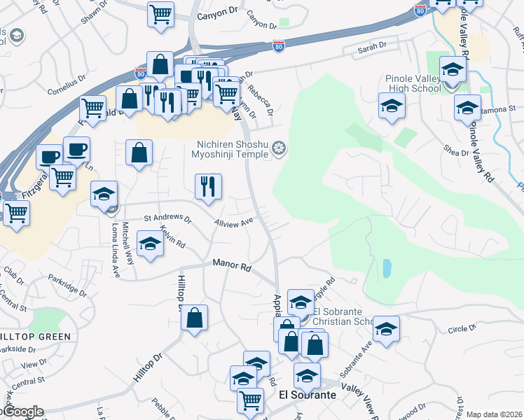 map of restaurants, bars, coffee shops, grocery stores, and more near in El Sobrante