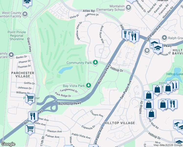 map of restaurants, bars, coffee shops, grocery stores, and more near 3520 Park Ridge Drive in Richmond
