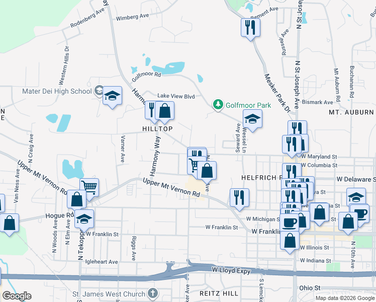 map of restaurants, bars, coffee shops, grocery stores, and more near 2805 West Maryland Street in Evansville