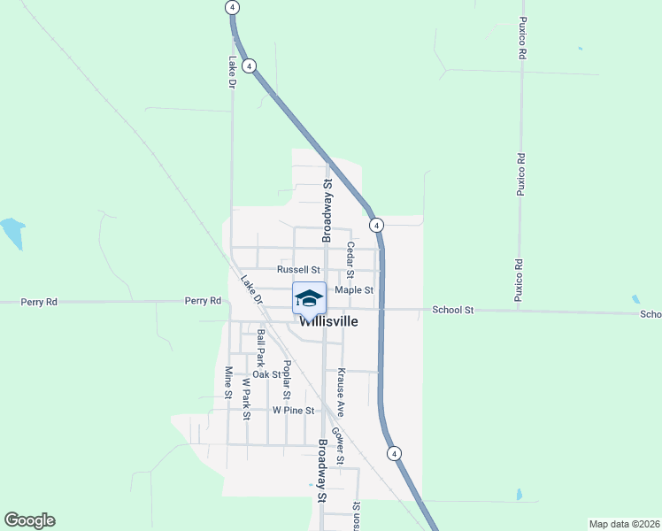 map of restaurants, bars, coffee shops, grocery stores, and more near 206 Russell Street in Willisville