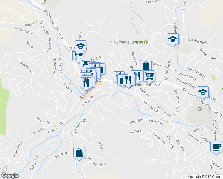 map of restaurants, bars, coffee shops, grocery stores, and more near 128 Mono Avenue in Fairfax
