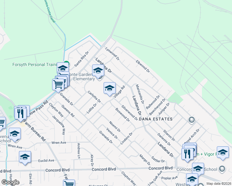 map of restaurants, bars, coffee shops, grocery stores, and more near 3825 Village Road in Concord