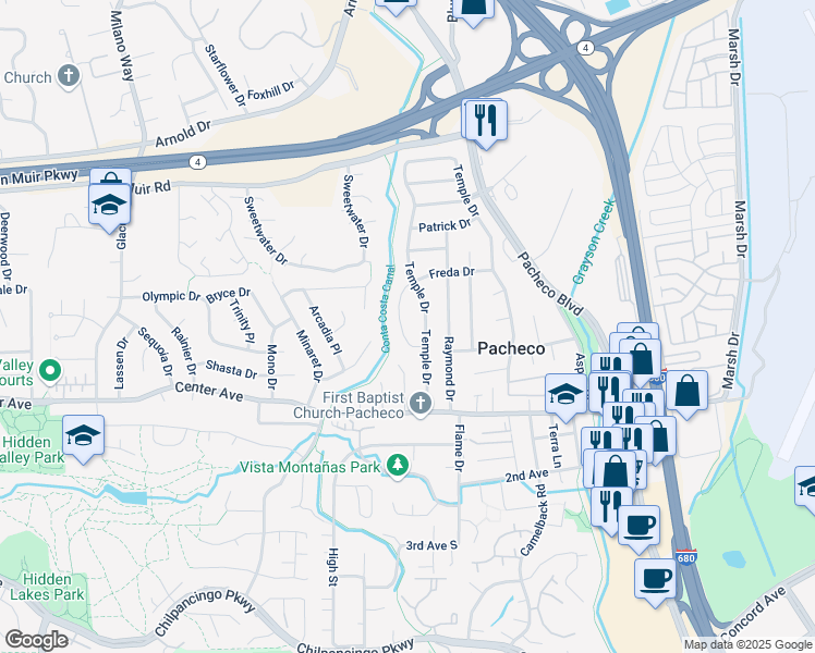 map of restaurants, bars, coffee shops, grocery stores, and more near 321 Ada Drive in Pacheco