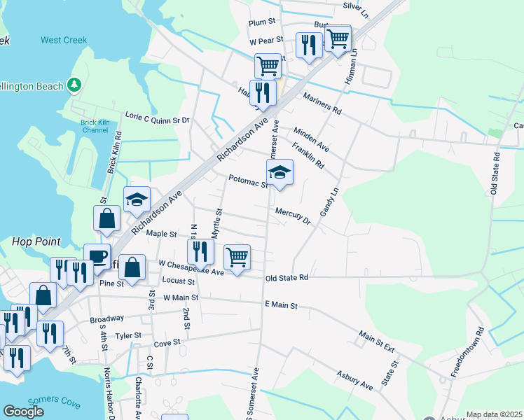 map of restaurants, bars, coffee shops, grocery stores, and more near 205 North Somerset Avenue in Crisfield