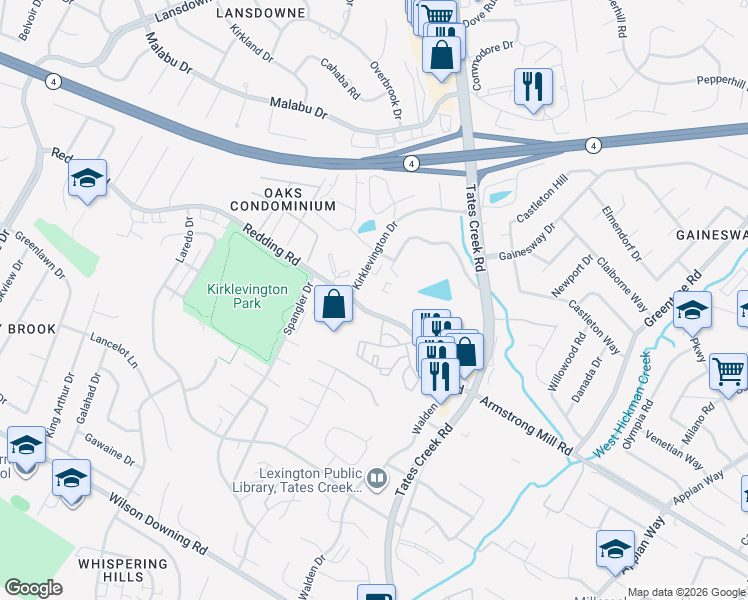 map of restaurants, bars, coffee shops, grocery stores, and more near 3216 Kirklevington Drive in Lexington
