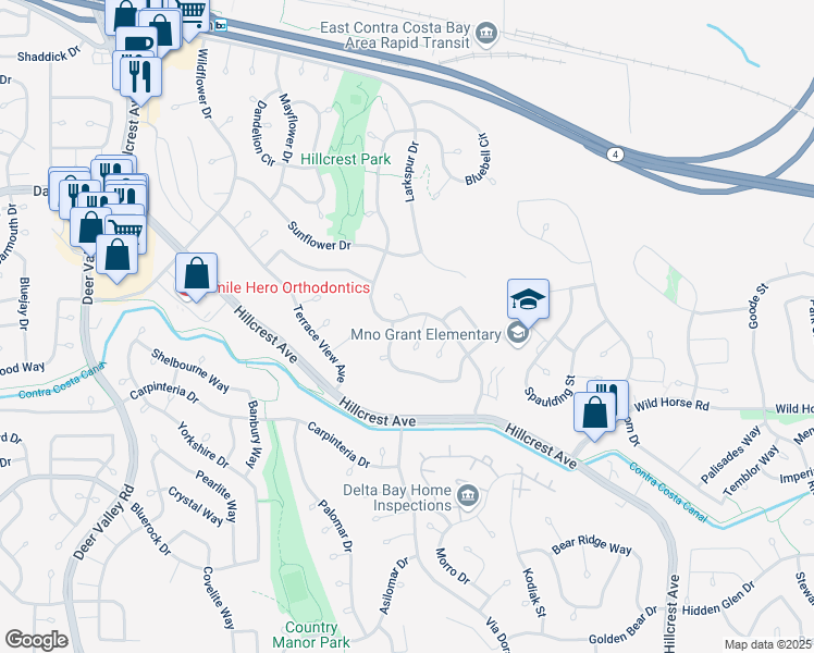 map of restaurants, bars, coffee shops, grocery stores, and more near 3308 Bellflower Drive in Antioch