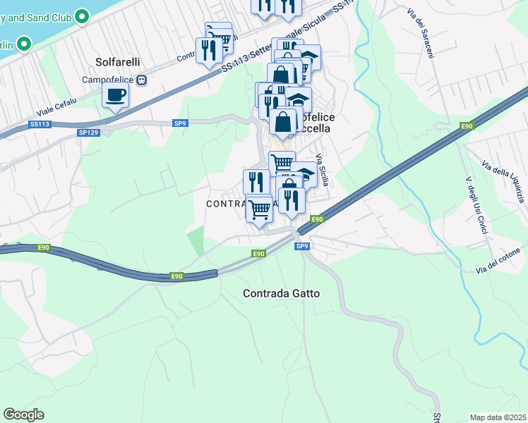 map of restaurants, bars, coffee shops, grocery stores, and more near 7 Viale Francia in Campofelice di Roccella