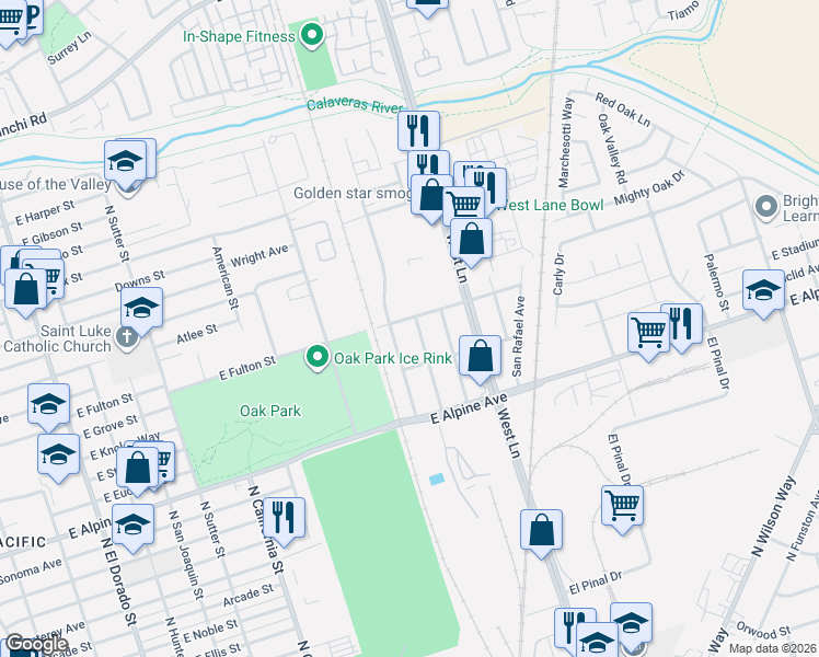 map of restaurants, bars, coffee shops, grocery stores, and more near 3611 North San Mateo Avenue in Stockton