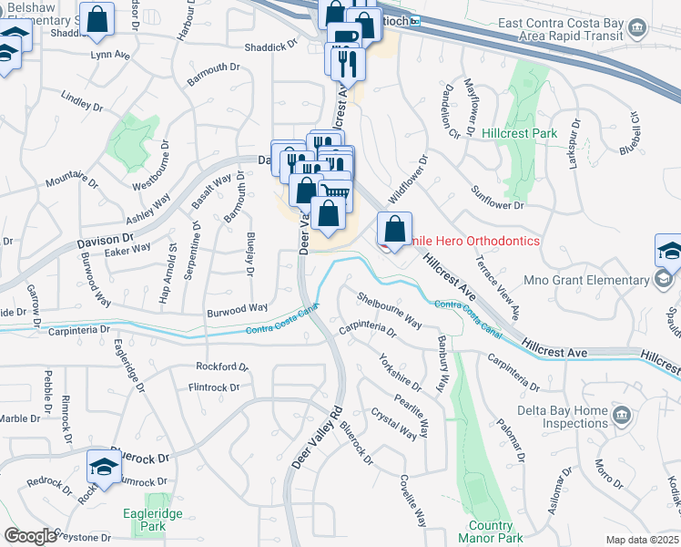 map of restaurants, bars, coffee shops, grocery stores, and more near 2302 Yorkshire Court in Antioch