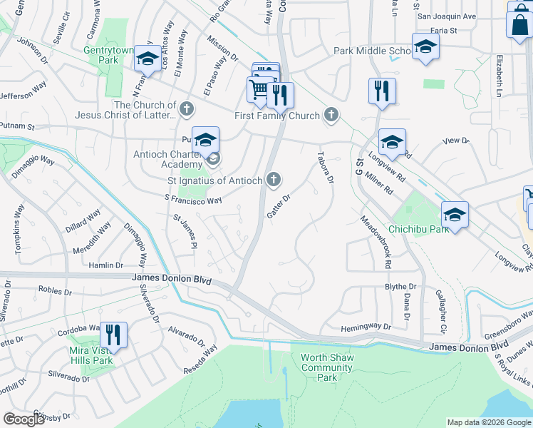 map of restaurants, bars, coffee shops, grocery stores, and more near in Antioch