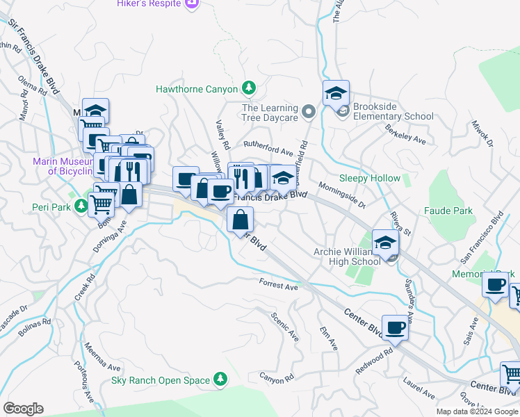 map of restaurants, bars, coffee shops, grocery stores, and more near 33 Hill Avenue in Fairfax