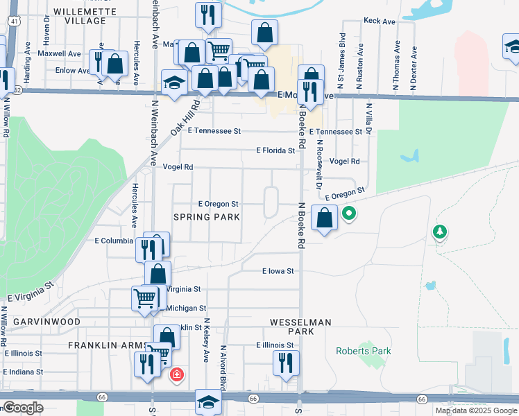 map of restaurants, bars, coffee shops, grocery stores, and more near 920 Fairlawn Circle in Evansville