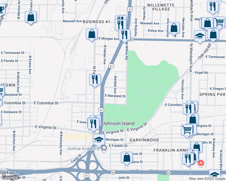 map of restaurants, bars, coffee shops, grocery stores, and more near 1401 East Oregon Street in Evansville