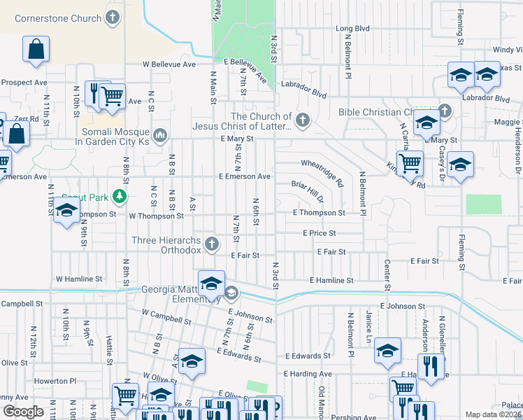 map of restaurants, bars, coffee shops, grocery stores, and more near 303 East Thompson Street in Garden City