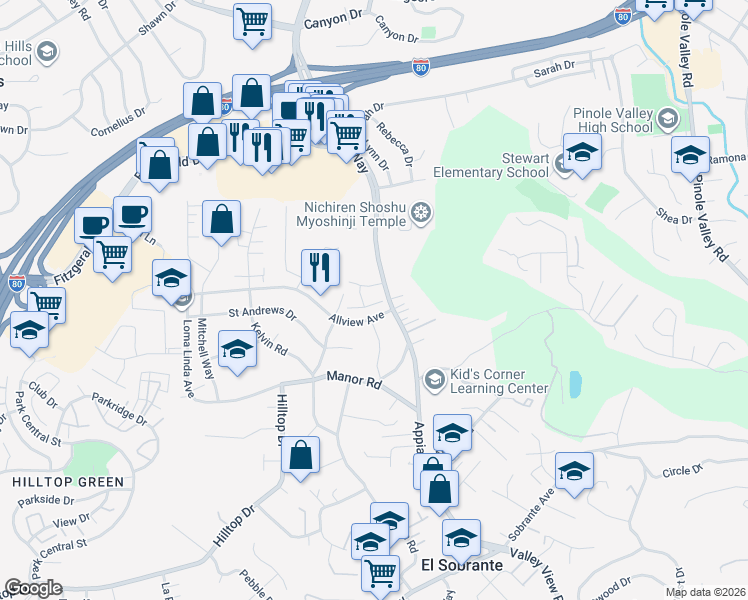 map of restaurants, bars, coffee shops, grocery stores, and more near 1820 Dalessi Lane in Pinole