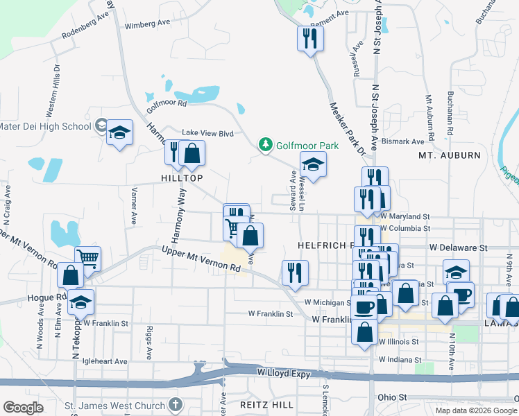 map of restaurants, bars, coffee shops, grocery stores, and more near 2701 West Maryland Street in Evansville