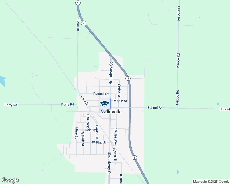 map of restaurants, bars, coffee shops, grocery stores, and more near 206 Russell Street in Willisville