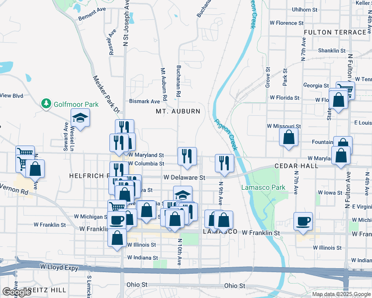 map of restaurants, bars, coffee shops, grocery stores, and more near 2015 West Maryland Street in Evansville