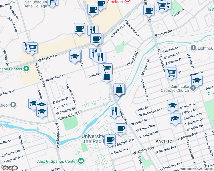 map of restaurants, bars, coffee shops, grocery stores, and more near 4227 Pacific Avenue in Stockton