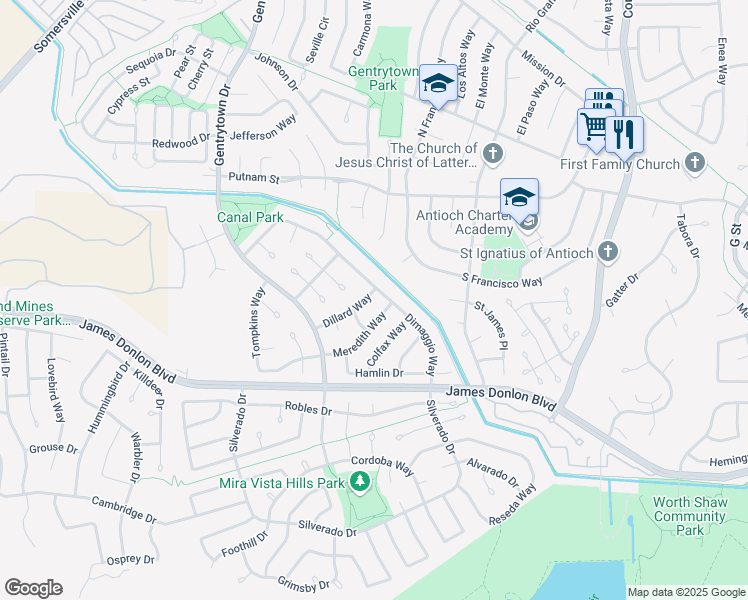 map of restaurants, bars, coffee shops, grocery stores, and more near 2105 Dillard Way in Antioch