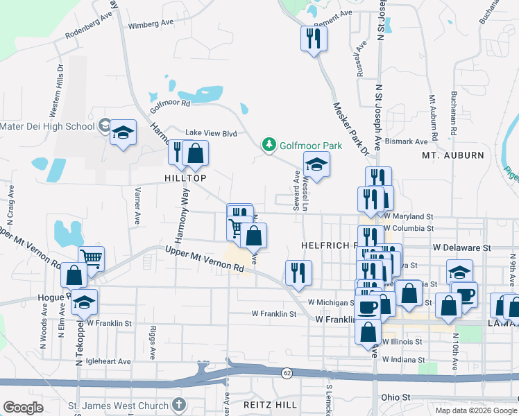 map of restaurants, bars, coffee shops, grocery stores, and more near 2701 West Maryland Street in Evansville