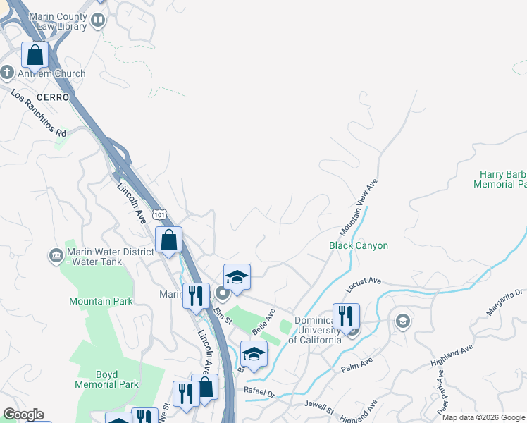 map of restaurants, bars, coffee shops, grocery stores, and more near 120 Dominican Drive in San Rafael