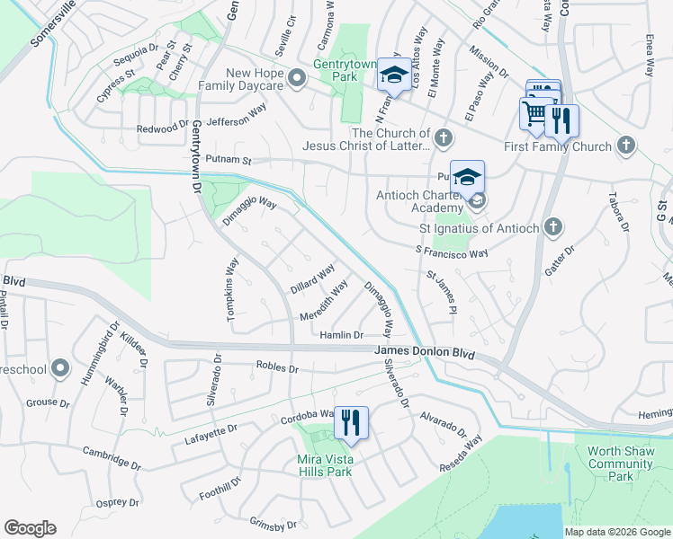 map of restaurants, bars, coffee shops, grocery stores, and more near 2105 Dillard Way in Antioch