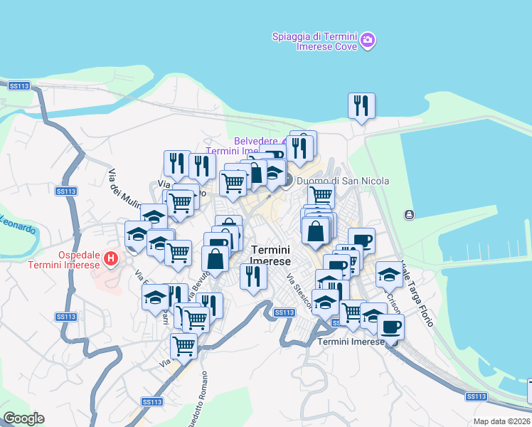map of restaurants, bars, coffee shops, grocery stores, and more near 85 Via Roma in Termini Imerese