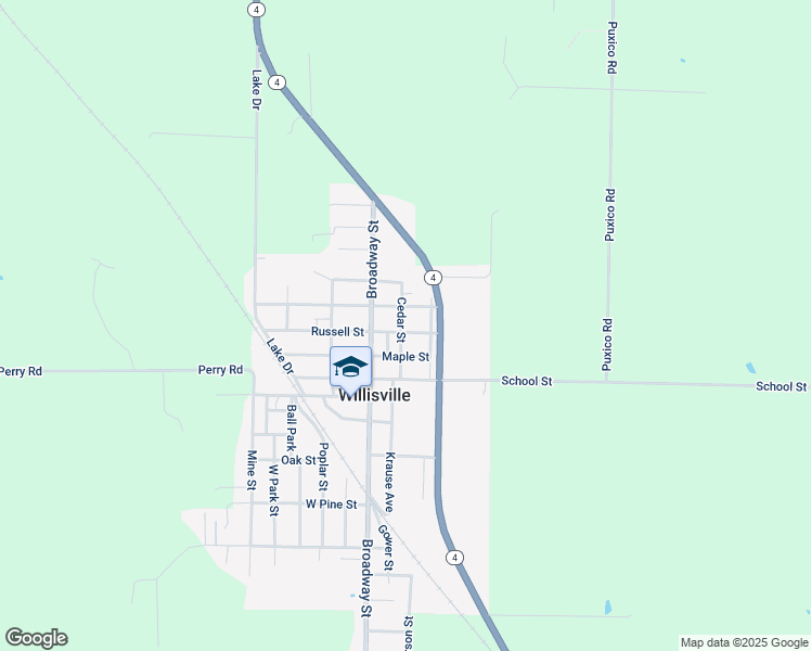 map of restaurants, bars, coffee shops, grocery stores, and more near 206 Russell Street in Willisville
