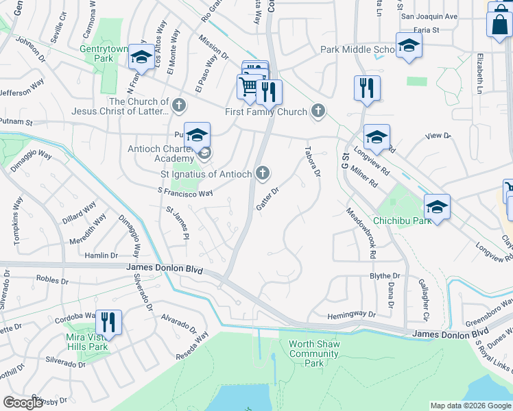 map of restaurants, bars, coffee shops, grocery stores, and more near in Antioch