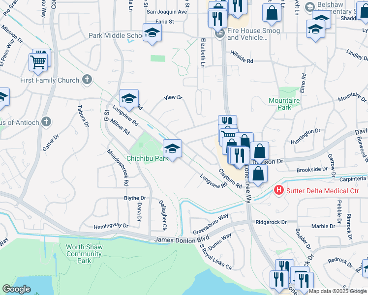 map of restaurants, bars, coffee shops, grocery stores, and more near 3319 Longview Road in Antioch