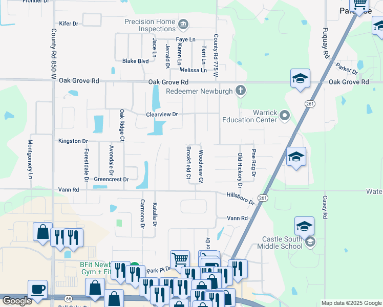 map of restaurants, bars, coffee shops, grocery stores, and more near 3266 Brookfield Drive in Newburgh