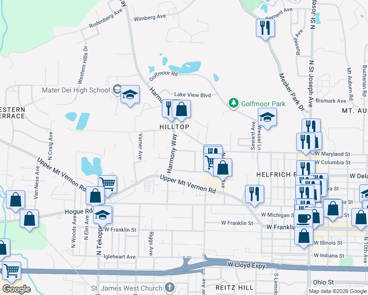 map of restaurants, bars, coffee shops, grocery stores, and more near 3013 West Columbia Street in Evansville