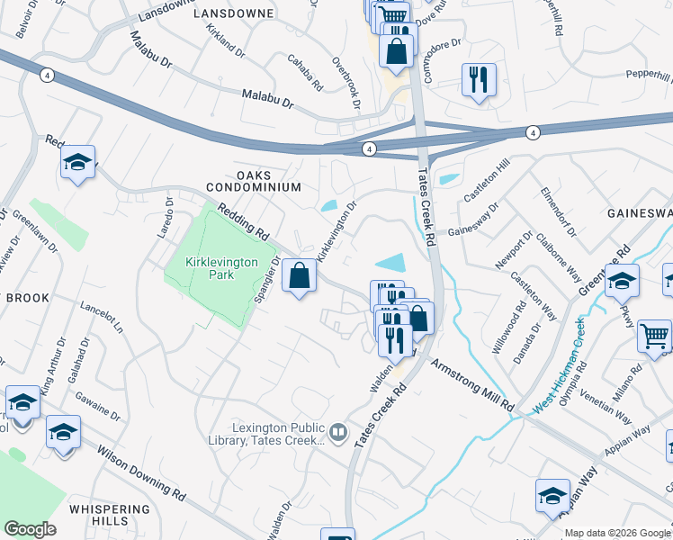 map of restaurants, bars, coffee shops, grocery stores, and more near 3216 Kirklevington Drive in Lexington
