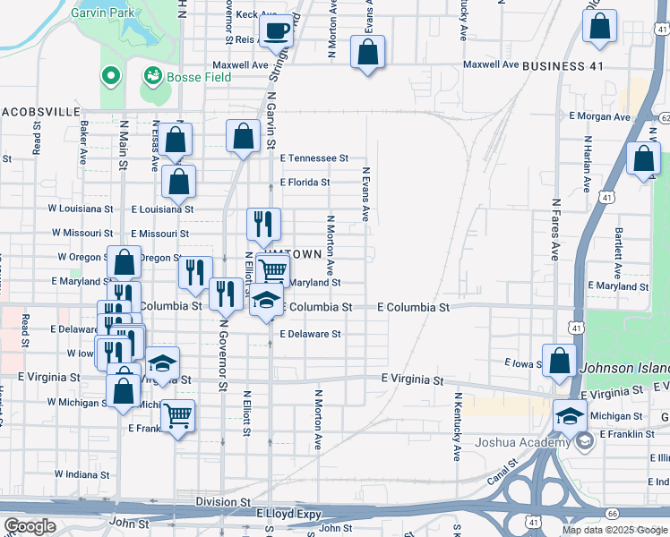 map of restaurants, bars, coffee shops, grocery stores, and more near 913 North Morton Avenue in Evansville