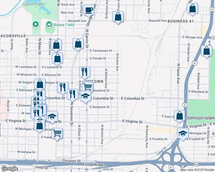 map of restaurants, bars, coffee shops, grocery stores, and more near 913 North Morton Avenue in Evansville
