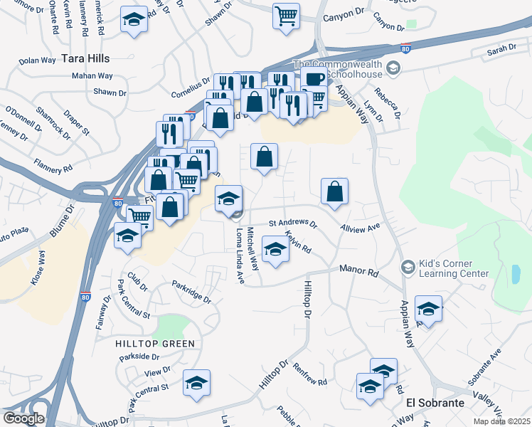 map of restaurants, bars, coffee shops, grocery stores, and more near 1051 Allview Avenue in El Sobrante