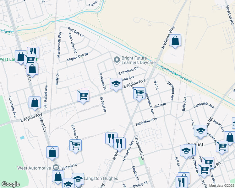 map of restaurants, bars, coffee shops, grocery stores, and more near 3203 Sanguinetti Lane in Stockton