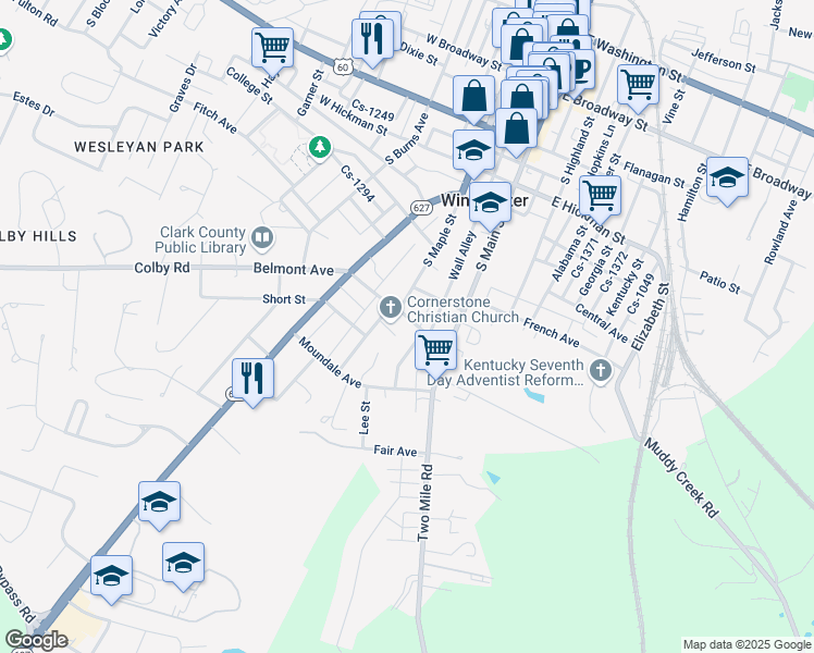 map of restaurants, bars, coffee shops, grocery stores, and more near 38 Belmont Avenue in Winchester
