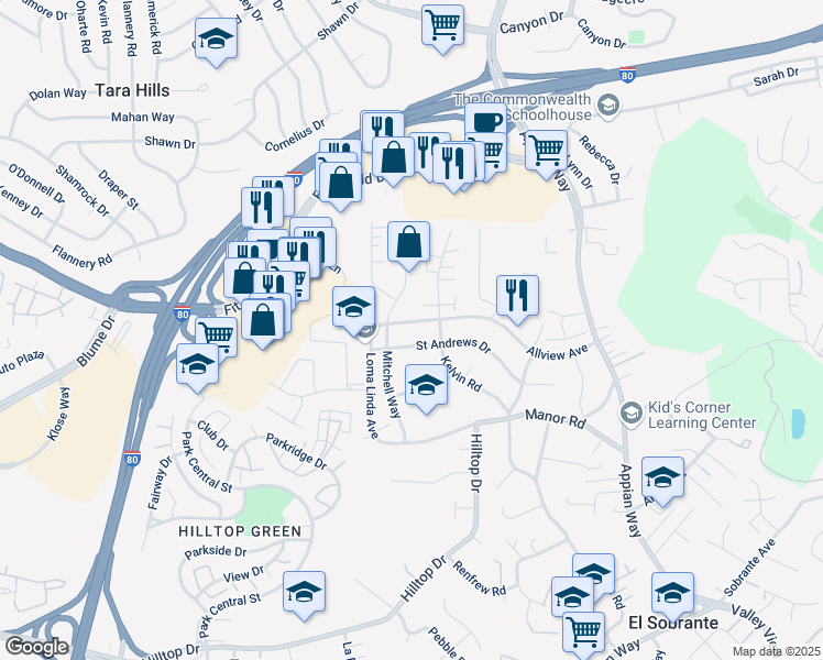 map of restaurants, bars, coffee shops, grocery stores, and more near 1051 Allview Ave in El Sobrante
