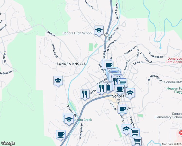 map of restaurants, bars, coffee shops, grocery stores, and more near 153 Upper Sunset Drive in Sonora