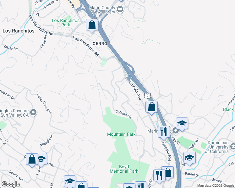 map of restaurants, bars, coffee shops, grocery stores, and more near 26 Fair Drive in San Rafael
