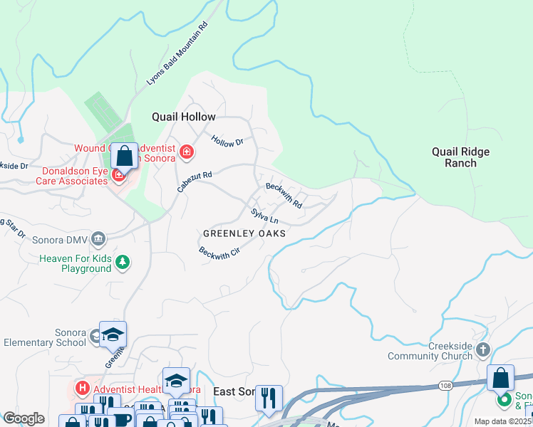 map of restaurants, bars, coffee shops, grocery stores, and more near 20611 Wayne Court in Sonora