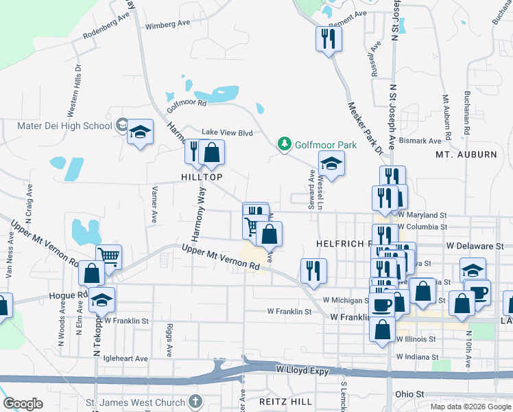 map of restaurants, bars, coffee shops, grocery stores, and more near 2805 West Maryland Street in Evansville