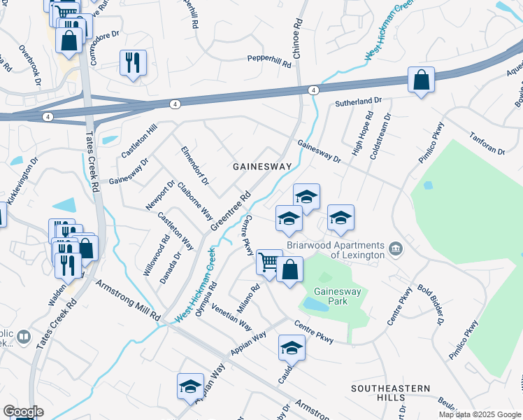 map of restaurants, bars, coffee shops, grocery stores, and more near 3493 Sutherland Drive in Lexington