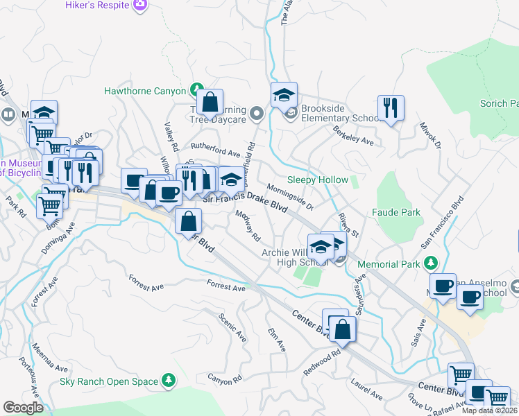 map of restaurants, bars, coffee shops, grocery stores, and more near 1659 San Anselmo Avenue in San Anselmo